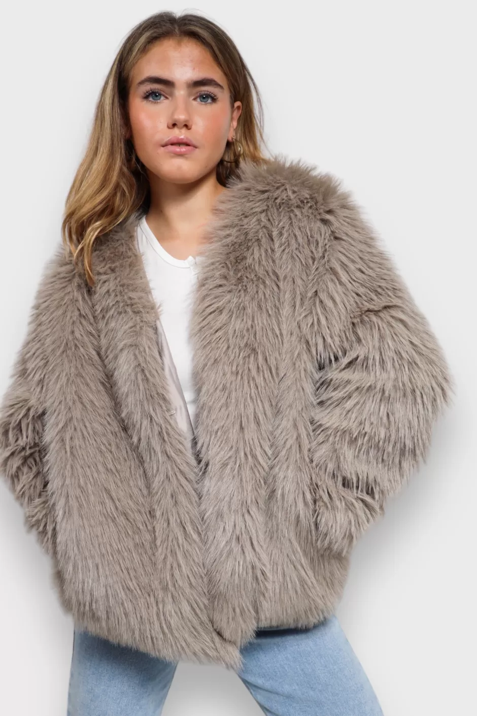 Sale Meet Me There Furry Jacket Taupe