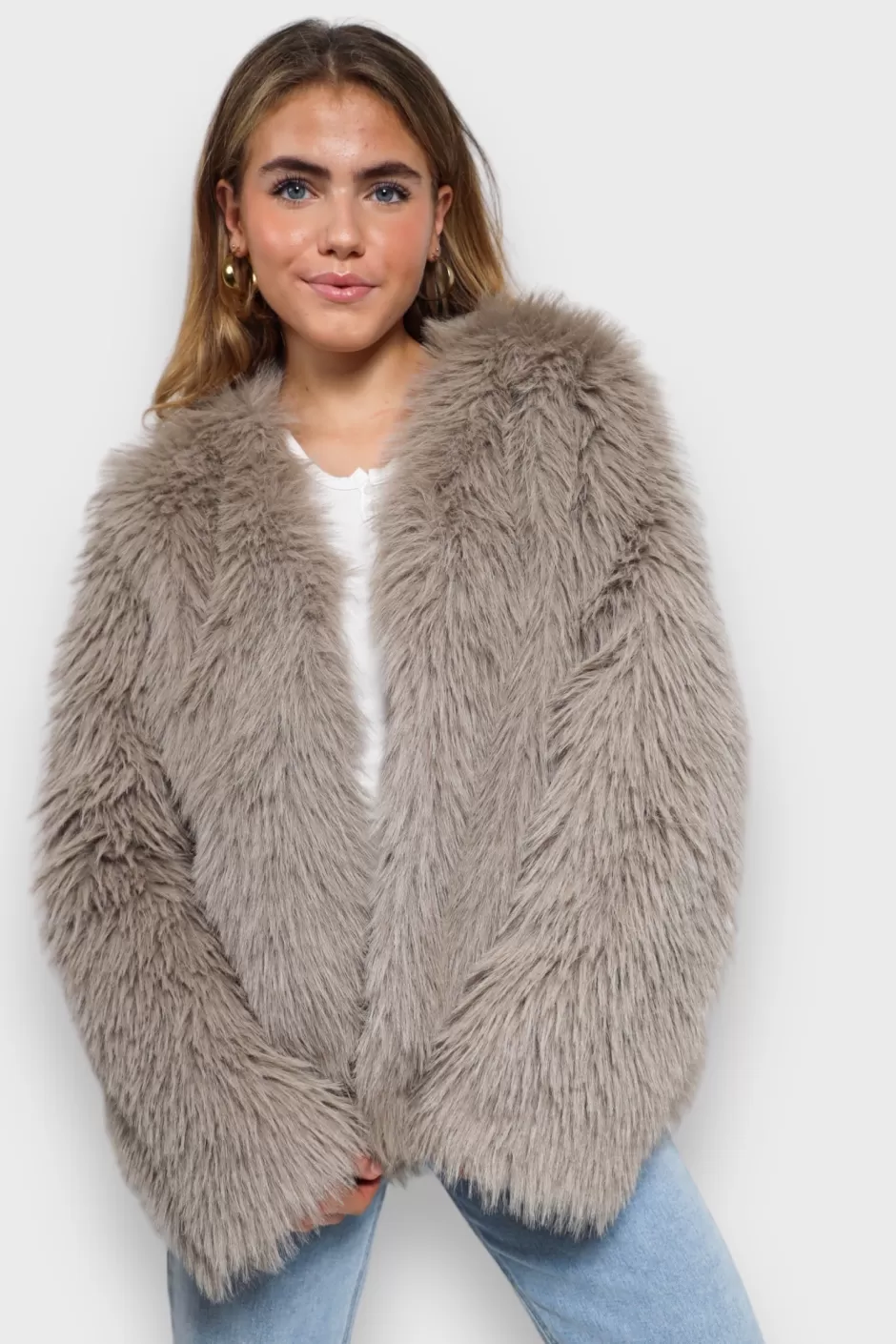 Sale Meet Me There Furry Jacket Taupe