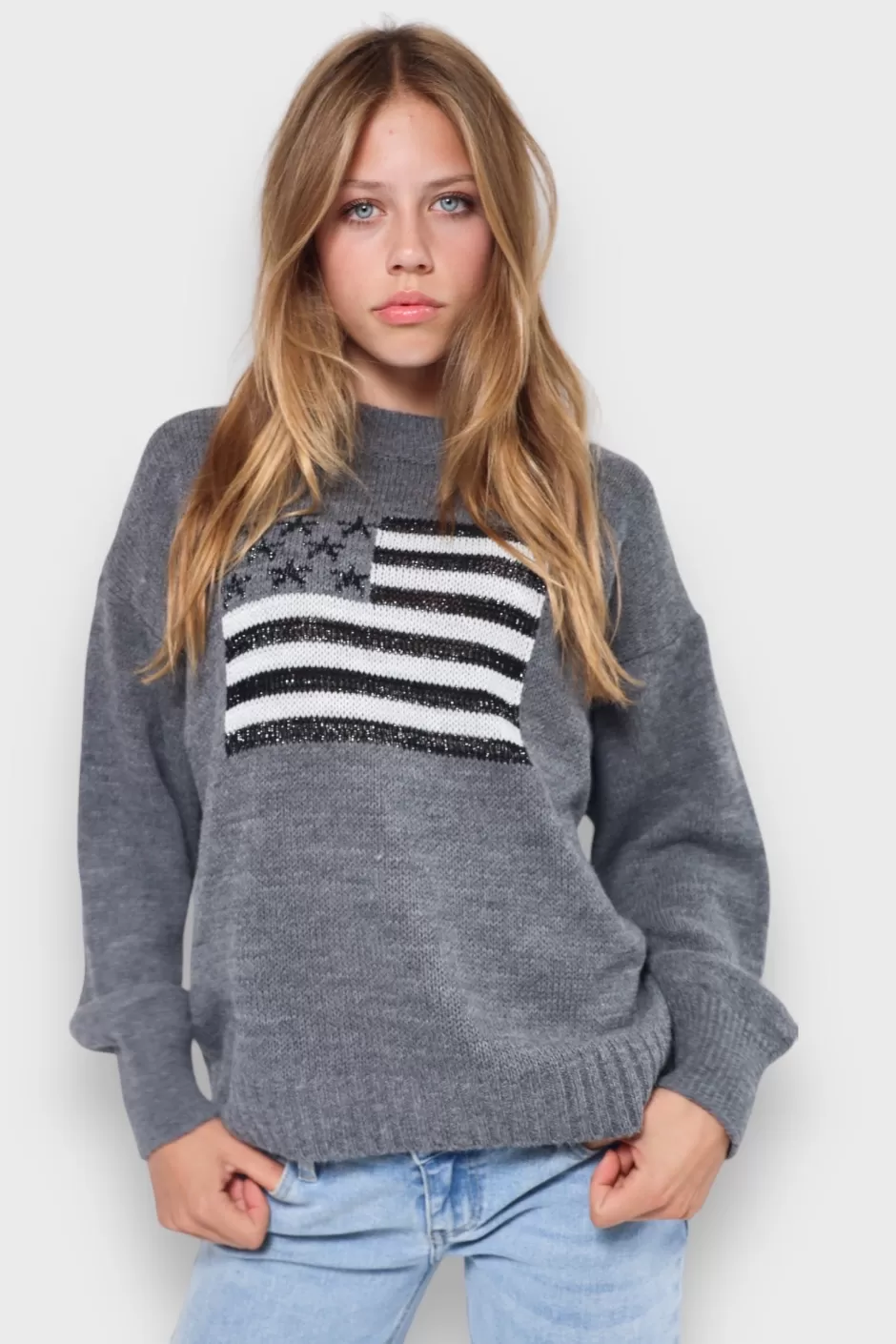 Hot Meet Me There Glitter Flag Sweater Gray