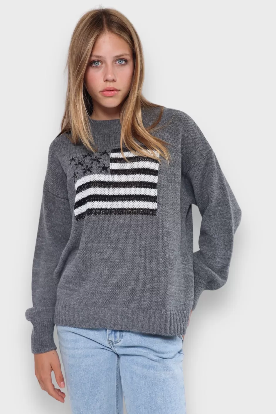 Hot Meet Me There Glitter Flag Sweater Gray