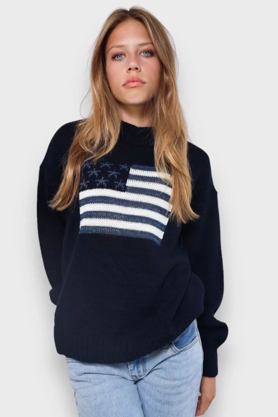 Cheap Meet Me There Glitter Flag Sweater Navy