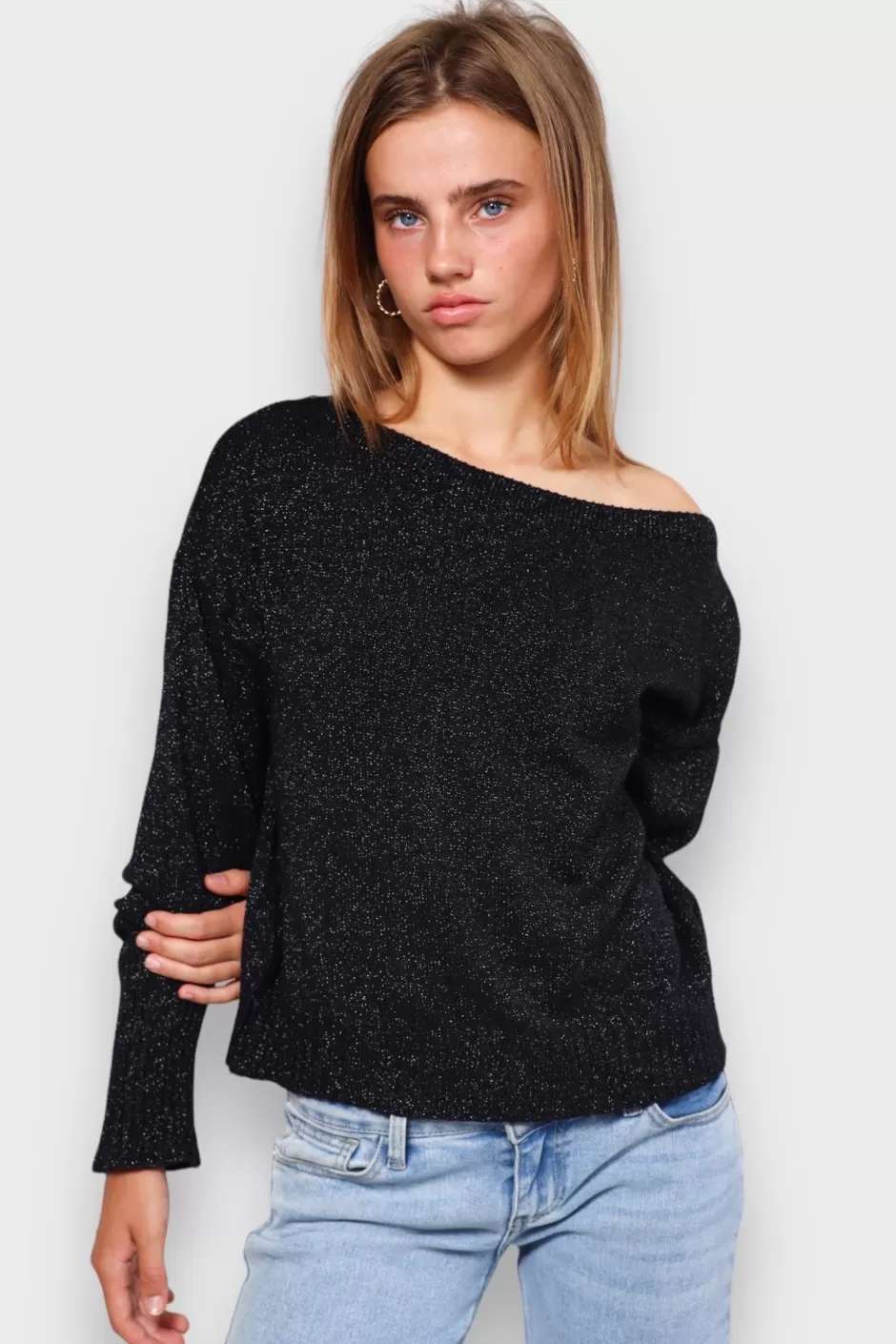 New Meet Me There One Shoulder Sweater Black Glitter