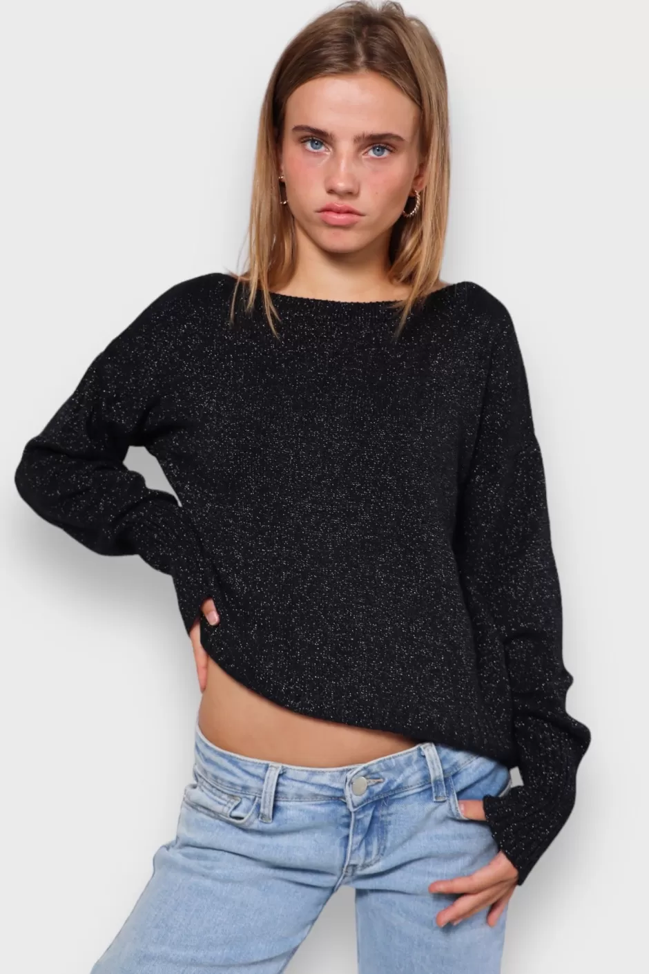 New Meet Me There One Shoulder Sweater Black Glitter