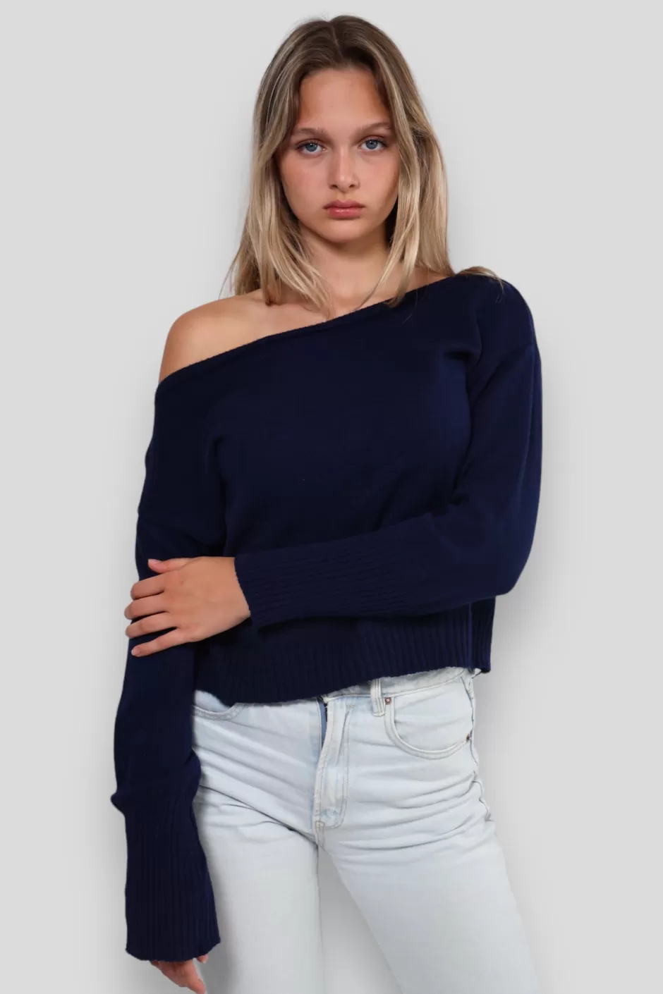 Shop Meet Me There One Shoulder Sweater Navy