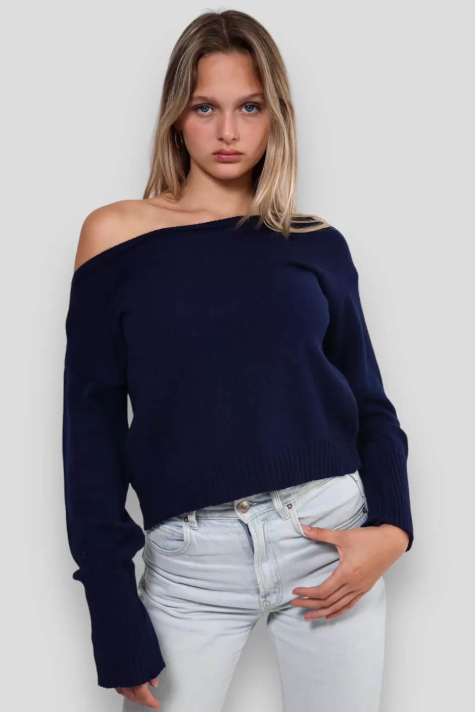 Shop Meet Me There One Shoulder Sweater Navy