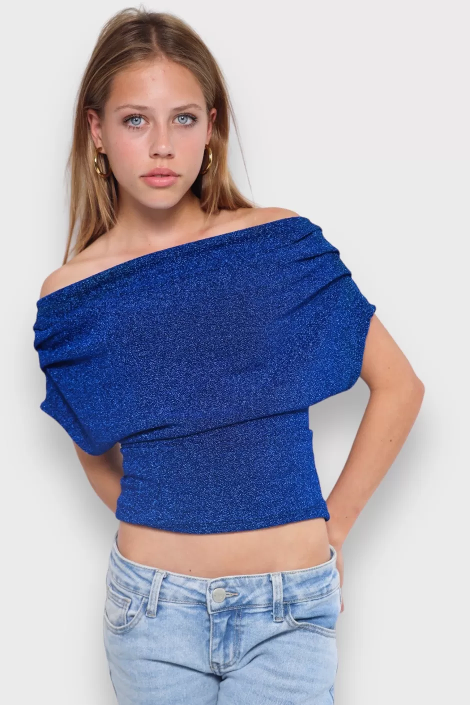 Clearance Meet Me There Shimmer Top Cobalt