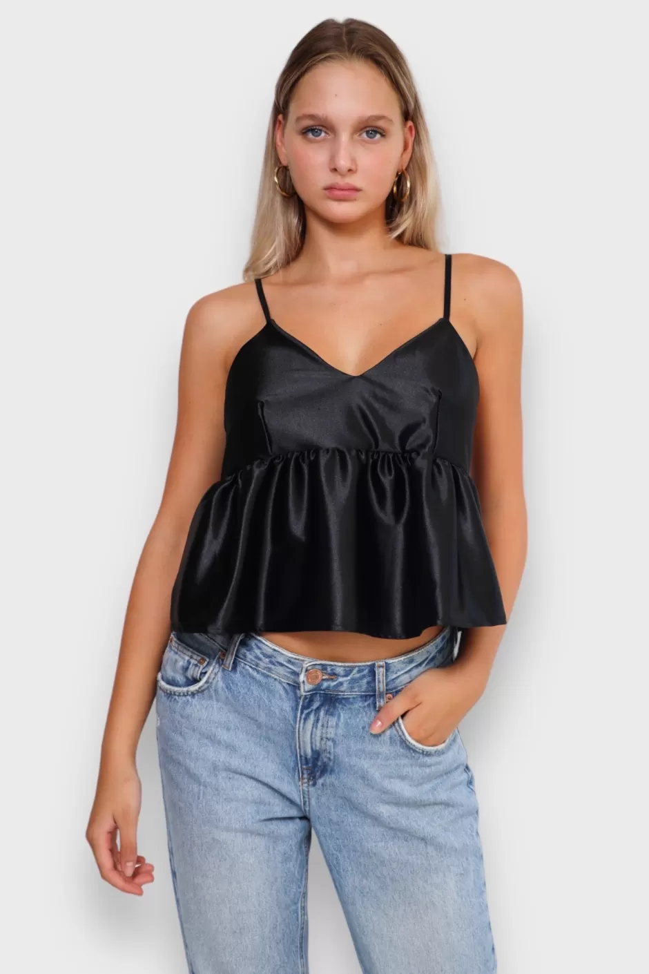 Sale Meet Me There Silk Peplum Top Black