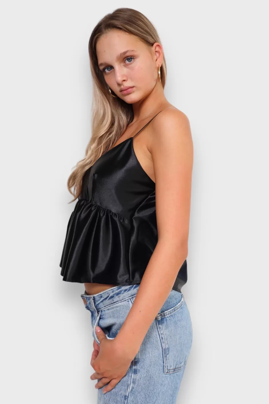 Sale Meet Me There Silk Peplum Top Black