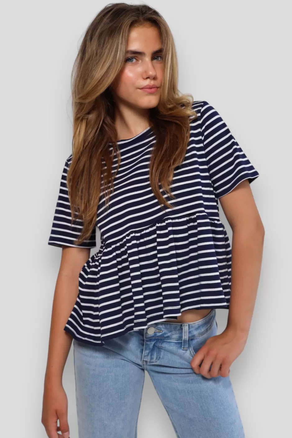 Flash Sale Meet Me There Striped Peplum Top Navy