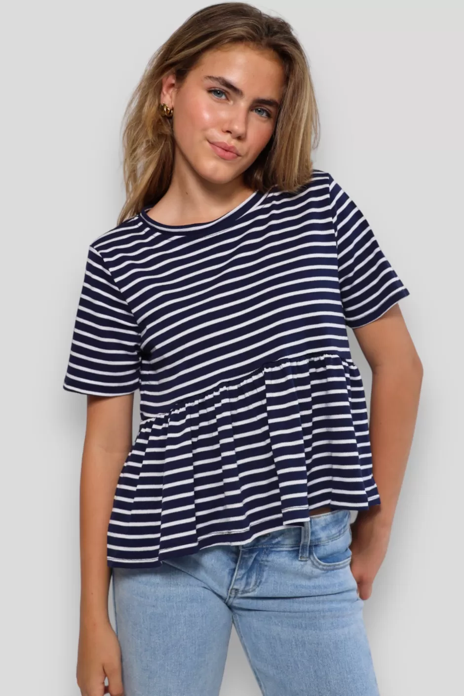 Flash Sale Meet Me There Striped Peplum Top Navy