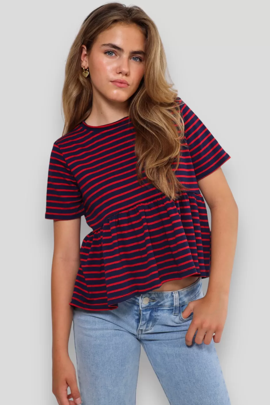 Sale Meet Me There Striped Peplum Top Red